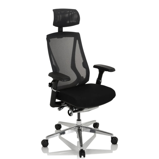 High End kontorstol INSPERO i sort med netryglæn, nakkestøtte og kromfod fra hjh OFFICE