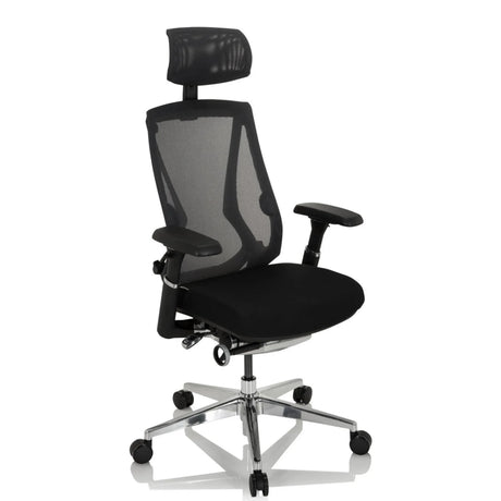High End kontorstol INSPERO i sort med netryglæn, nakkestøtte og kromfod fra hjh OFFICE