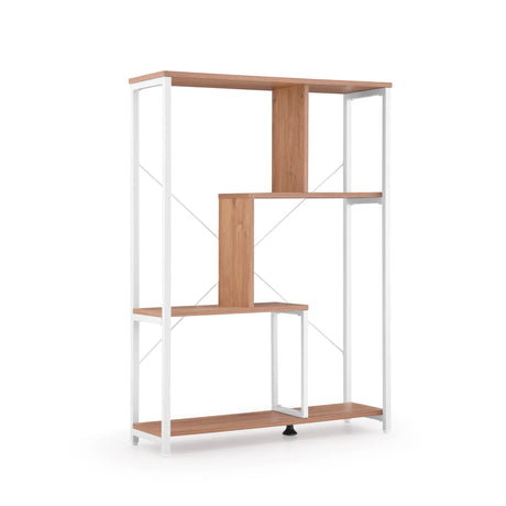 Hylde Kalag Eco i hvid og eg med asymmetriske hylder og hvid metalramme fra hjh LIVING