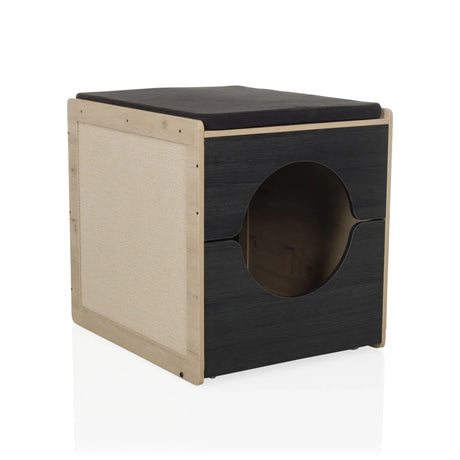 Kattehus KITTY PAWBOX 2 i sort og eg med cirkulær åbning og pude fra hjh LIVING