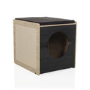 Kattehus KITTY PAWBOX 2 i sort og eg med cirkulær åbning og pude fra hjh LIVING