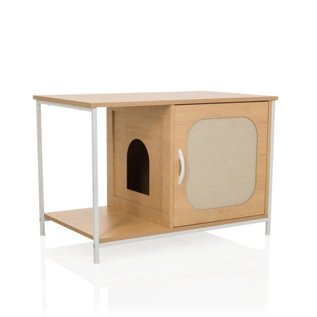 Kattehus KITTYHOME 1 i bøg-look med hvidt metalstel og integreret soveplads fra hjh LIVING