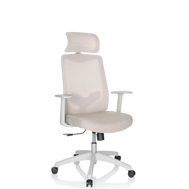 Home Office kontorstol MIKEO W i beige stofbetræk med nakkestøtte og hvide armlæn fra hjh OFFICE
