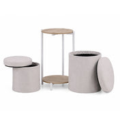 Sidebord Nestup 1 i hvid og eg med integreret beige stofbetrukket skammel fra hjh LIVING