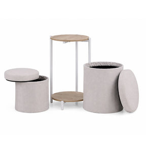 Sidebord Nestup 1 i hvid og eg med integreret beige stofbetrukket skammel fra hjh LIVING