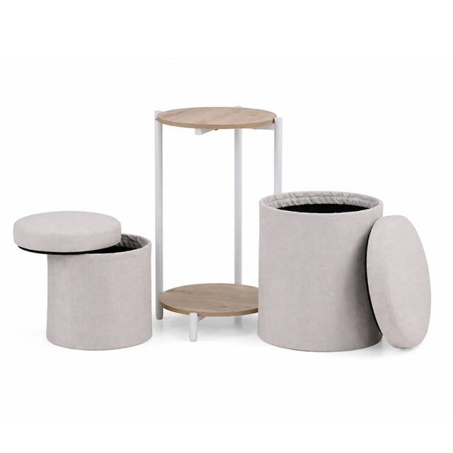Sidebord Nestup 1 i hvid og eg med integreret beige stofbetrukket skammel fra hjh LIVING