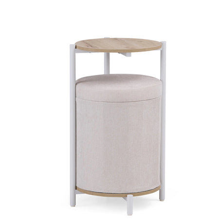 Sidebord Nestup 1 i hvid og eg med integreret beige stofbetrukket skammel fra hjh LIVING
