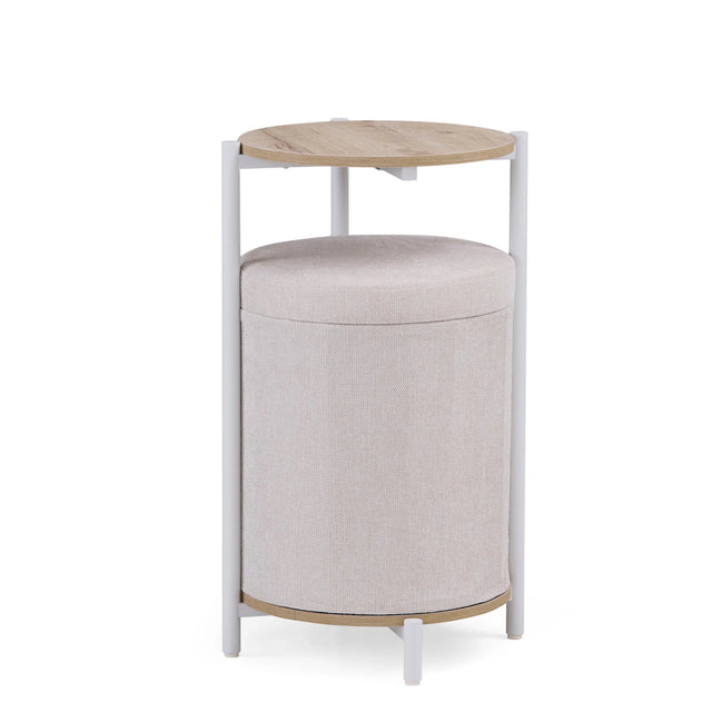 Sidebord Nestup 1 i hvid og eg med integreret beige stofbetrukket skammel fra hjh LIVING