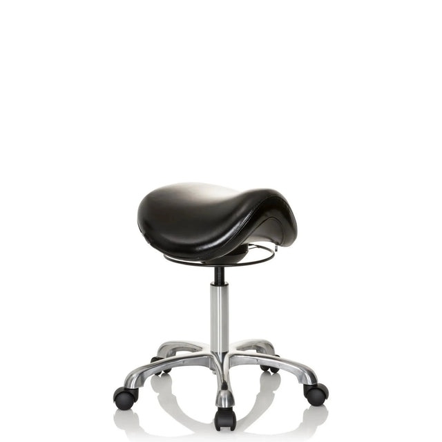 Sort Sadelskammel ORTHO SIT med polstret sæde og forkromet krydsfod med hjul fra hjh OFFICE