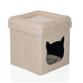 Beige kattehus PAWY ES i fluffy stof med katteformet åbning fra hjh LIVING