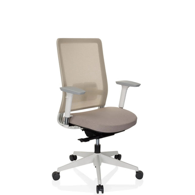Professionel kontorstol PURE WHITE i beige med netryglæn og hvidt fodkryds fra hjh OFFICE