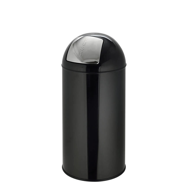 Sort Papirkurv PUSH 35L med blank overflade og sølvfarvet tryklåg fra hjh OFFICE