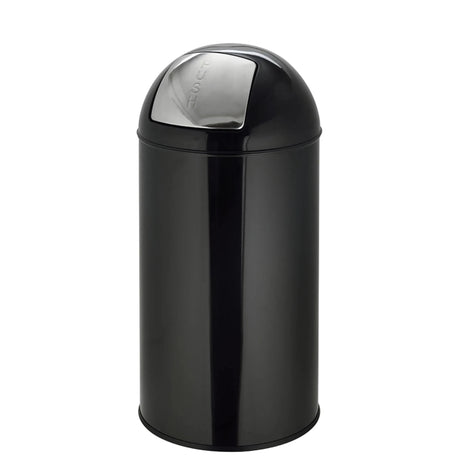 Sort Papirkurv PUSH 50L med blank overflade og sølvfarvet tryklåg fra hjh OFFICE