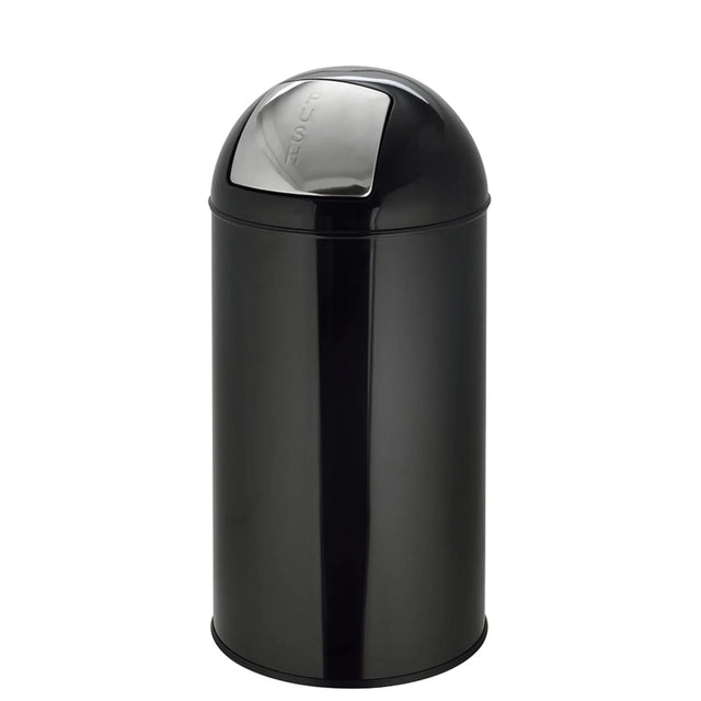 Sort Papirkurv PUSH 50L med blank overflade og sølvfarvet tryklåg fra hjh OFFICE