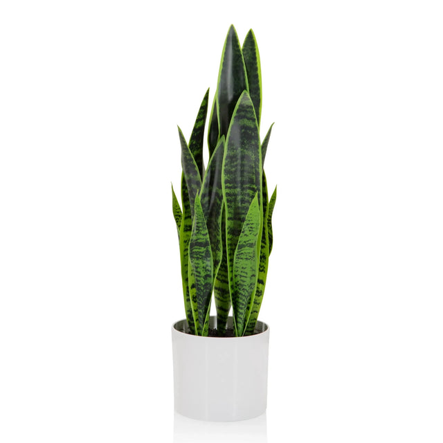 Kunstige plante SANSEVIERIA i grøn med lange blade i en hvid overpotte fra hjh OFFICE