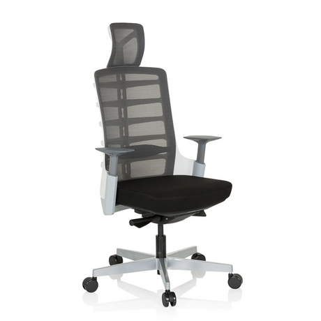 High End kontorstol SKARIF i hvid, grå og sort med netryglæn og nakkestøtte fra hjh OFFICE