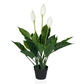 Kunstige plante SPATHIPHYLLUM i grøn og hvid med tre blomster i en sort potte fra hjh OFFICE