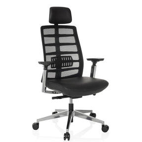 High End kontorstol SPINIO ELITE L med sort netbetræk og lædersæde fra hjh OFFICE