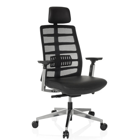 High End kontorstol SPINIO ELITE L med sort netbetræk og lædersæde fra hjh OFFICE