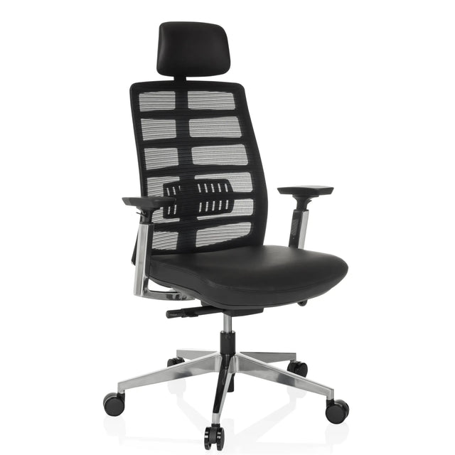 High End kontorstol SPINIO ELITE L med sort netbetræk og lædersæde fra hjh OFFICE