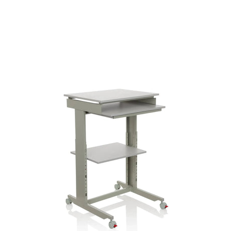 Gråt Ståskrivebord WORKSTATION med tastaturbakke, en hylde og hjul fra hjh OFFICE